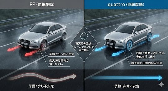 雨天時におけるアウディA3のFF(前輪駆動)とquattro(四輪駆動)の走行安定性の違いを比較したインフォグラフィック。FFが前輪で引っ張るのに対し、quattroは四輪で路面を捉え安定して走る様子を図解。