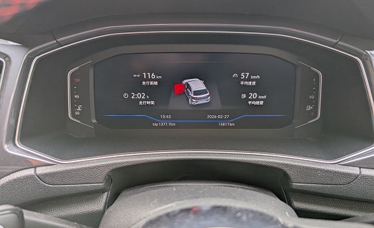フォルクスワーゲンのデジタルメーターパネルに表示された走行データ（走行距離116km、平均燃費20km/l、走行時間2時間2分）