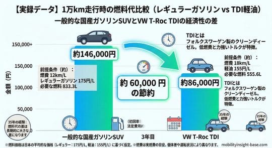 【実録データ】1万km走行時の燃料代比較インフォグラフィック。一般的な国産ガソリンSUV(燃費12km/L・レギュラー175円/L想定)の燃料代は約146,000円。対するVW T-Roc TDI(燃費18km/L・軽油155円/L想定)は約86,000円。TDIを選ぶことで年間約60,000円の燃料代を節約できることを示す比較バーチャート。