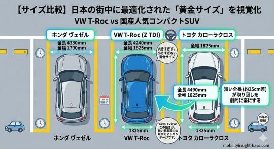 【サイズ比較】日本の街中に最適化された「黄金サイズ」を視覚化したインフォグラフィック。上から見た図で、左からホンダ ヴェゼル(全長4330mm、全幅1790mm)、中央にVW T-Roc(全長4240mm、全幅1825mm)、右にトヨタ カローラクロス(全長4490mm、全幅1825mm)が駐車スペースに並ぶ。T-Rocはカローラクロスと同じ全幅1825mmを維持しつつ、全長が約25cm短い(4240mm)ため、「取り回しを劇的に楽にする」と強調。下部に「Gem's View: この短さが、狭い駐車場での最大のアドバンテージです。」とのコメント。