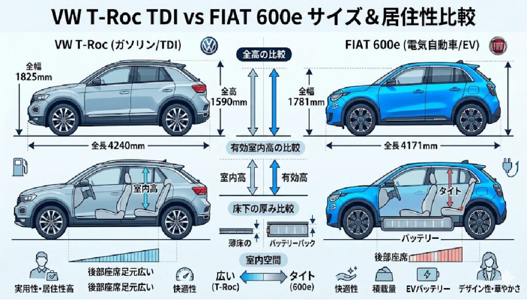 VW T-Roc TDIとフィアット 600eのサイズ・居住性比較インフォグラフィック