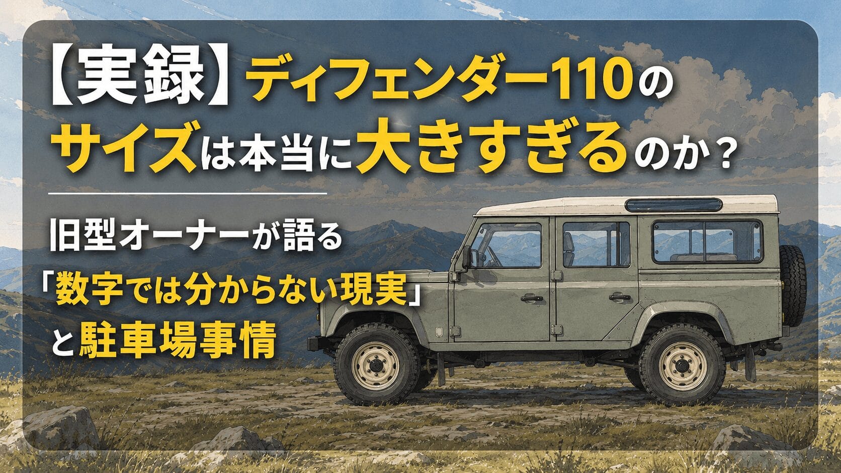 荒野に停まる旧型ランドローバー ディフェンダー110の横姿と、「ディフェンダー110のサイズは本当に大きすぎるのか？旧型オーナーが語る駐車場事情」というテキストが配置されたアイキャッチ画像