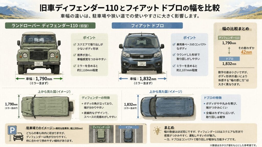 ディフェンダー110 サイズ比較|旧型ランドローバー ディフェンダー110とフィアット ドブロの車幅・駐車場での取り回しを比較したインフォグラフィック