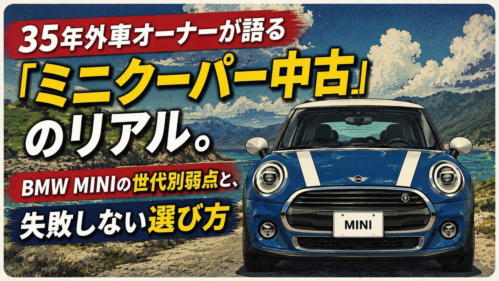 35年外車オーナーが語る中古ミニクーパーの世代別弱点と賢い選び方を解説するブログ記事のアイキャッチ画像。歴代のBMW MINI（F56やR56 LCIなど）が並ぶ欧州風のイラスト。