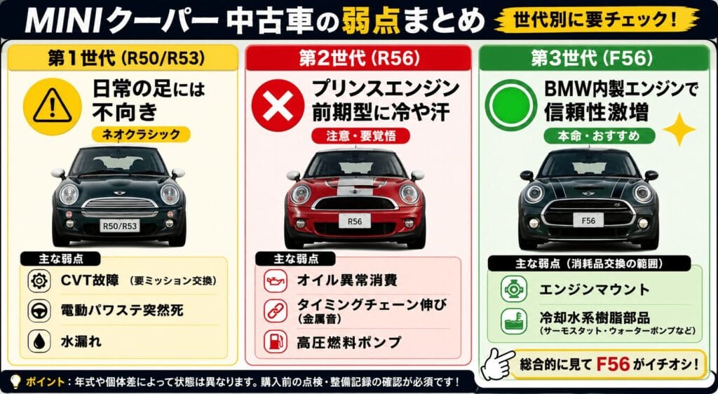 BMW MINIの第1世代（R50系CVT）、第2世代（R56系プリンスエンジンのオイル消費）、第3世代（F56系BMW内製エンジン）の故障リスクと特徴を比較したインフォグラフィック図解。
