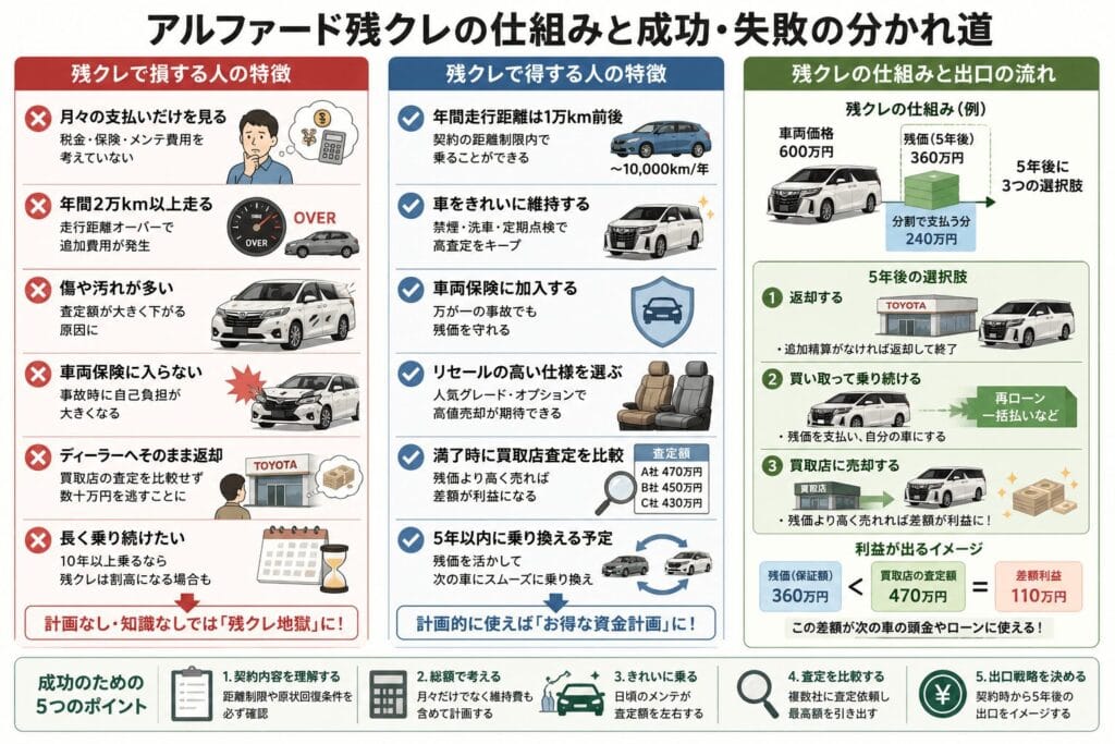 アルファード残クレの仕組みと得する人・損する人を比較したインフォグラフィック。残価設定ローンの出口戦略や成功・失敗のポイントを図解で解説。