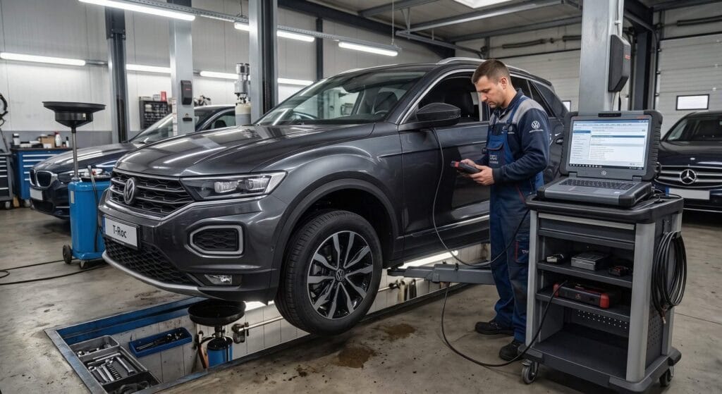 整備工場のピットで専用テスター診断を受けるグレーメタリックのVW T-Roc(輸入車車検・点検イメージ)