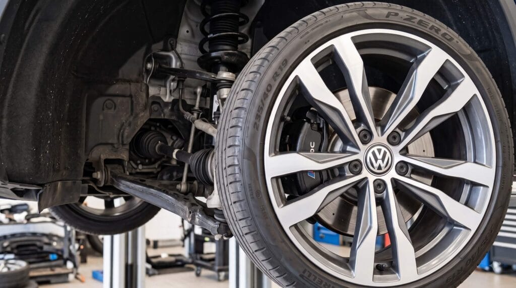 VW T-Rocの足回り点検(19インチ大径アルミホイール・ブレーキローター・サスペンションの車検整備イメージ)