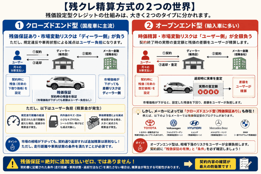 残クレのクローズドエンド型（残価保証あり）とオープンエンド型（時価精算・相場下落リスク）の違いを比較解説したインフォグラフィック図解