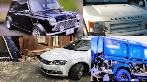 筆者Makoto-Tが乗り継いできた代表的な輸入車(ランドローバー ディフェンダー110、ローバーミニ、VW T-Cross、VW T-Roc)の愛車遍歴コラージュ写真