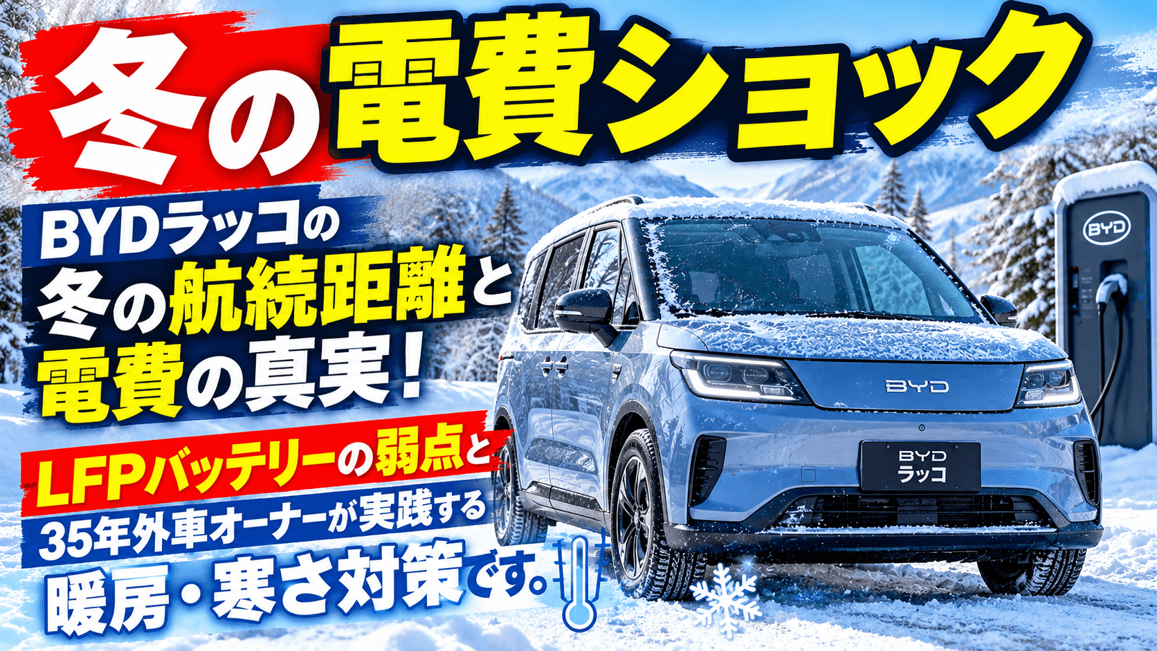 雪道を走るBYDラッコと冬の電費ショック・航続距離・LFPバッテリー寒さ対策の文字入りアイキャッチ画像