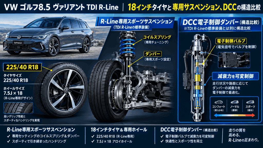 VWゴルフ8.5ヴァリアント TDI R-Lineの18インチホイール・専用スポーツサスペンションとDCC電子制御ダンパーの構造比較