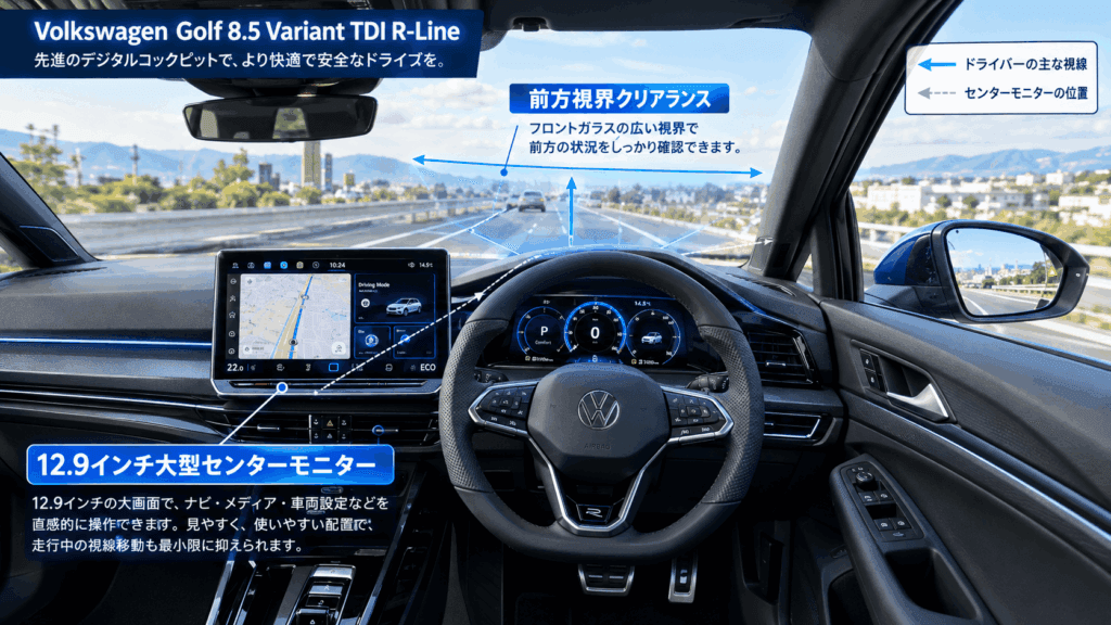 VWゴルフ8.5ヴァリアント TDI R-Lineの運転席視点から見た前方視界クリアランスと12.9インチ大型センターモニターの配置図