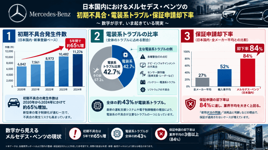 日本国内におけるメルセデス・ベンツの初期不具合発生件数・電装系トラブル比率43%・保証申請却下率84%をまとめたインフォグラフィック図解