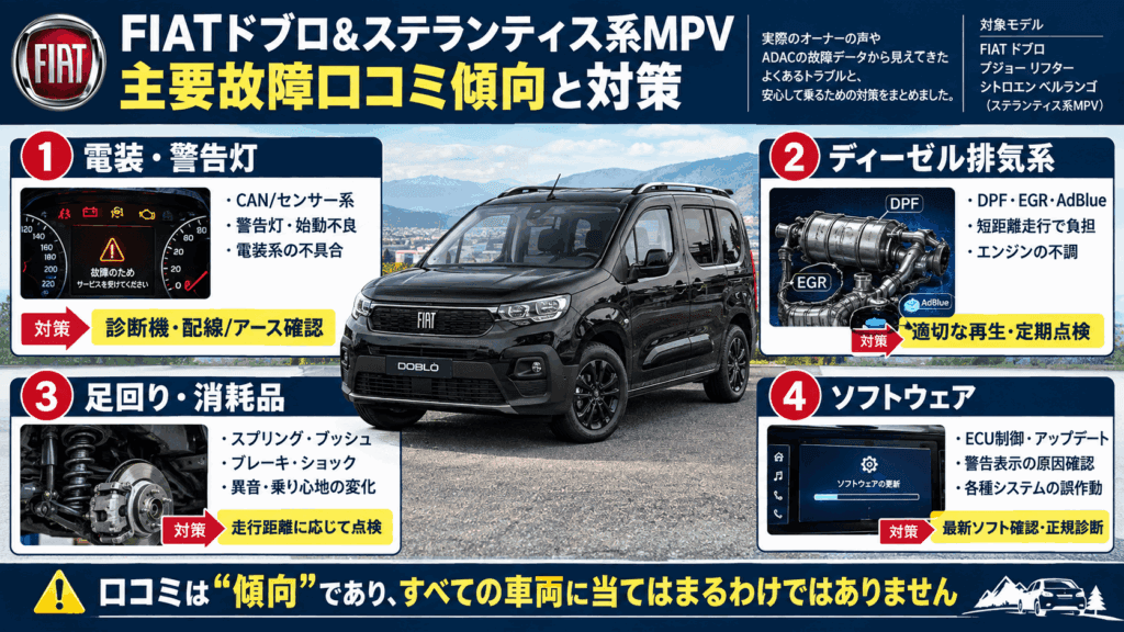 FIATドブロとステランティス系MPVの主要故障口コミ傾向と対策を4項目で解説したインフォグラフィック