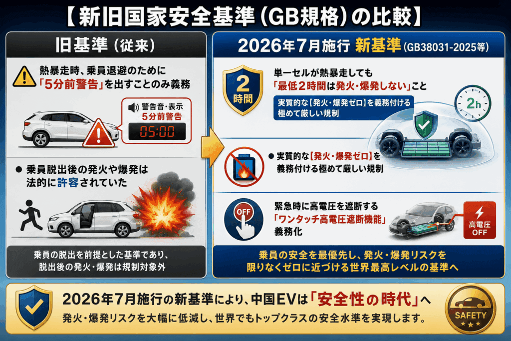 中国EVの新旧国家安全基準(GB規格)比較インフォグラフィック図解。旧基準の5分前警告から2026年7月新基準の「熱暴走後最低2時間は発火・爆発しない」規制およびワンタッチ高電圧遮断機能の義務化を解説