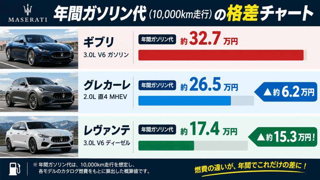 マセラティ主要3モデルの年間ガソリン代格差チャート（ギブリ32.7万円、グレカーレ26.5万円・差額6.2万安、レヴァンテディーゼル17.4万円・差額15.3万安の1万km走行シミュレーション比較棒グラフ）
