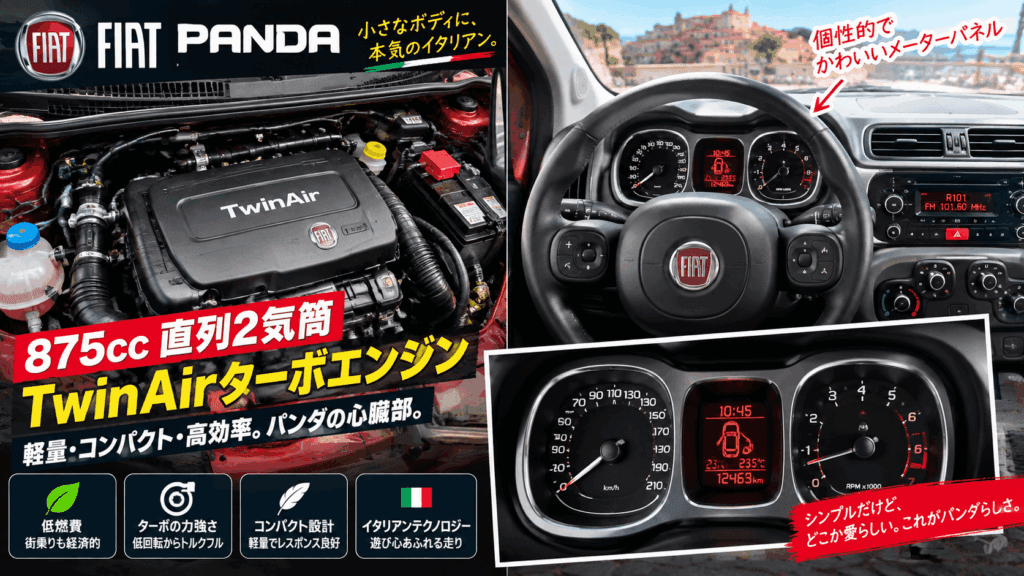 フィアット・パンダに搭載される875cc直列2気筒TwinAirターボエンジンと独特のメーターパネル