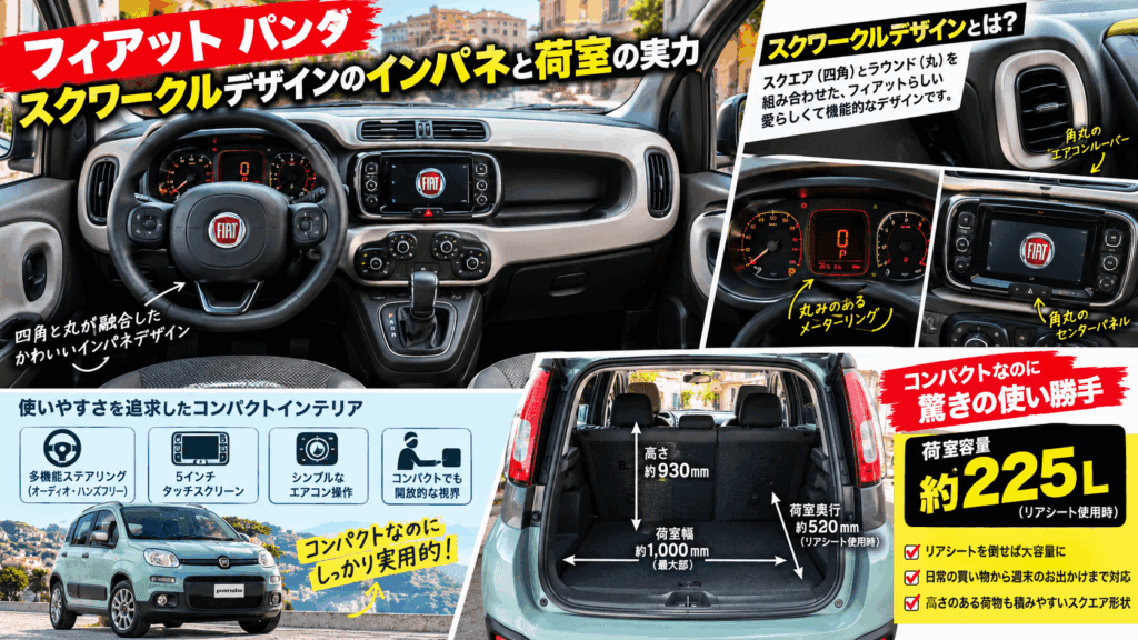 フィアット・パンダのスクワークル（四角と丸の融合）デザインを採用したインパネ内装と荷室容量