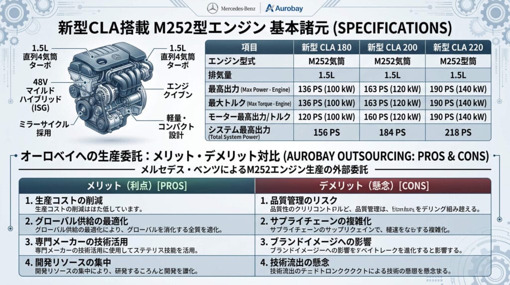 新型メルセデス・ベンツCLAのM252型エンジン基本諸元とオーロベイ生産委託のメリット・デメリットを示した図