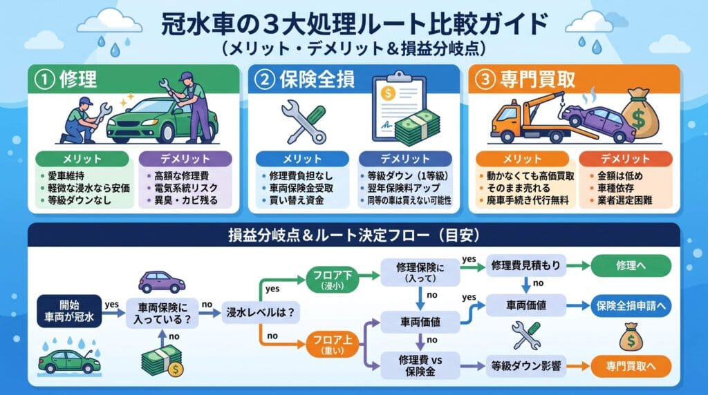 冠水車の3大処理ルート（修理・保険全損・専門買取）のメリット・デメリットと損益分岐点・ルート決定フローを解説した比較インフォグラフィック