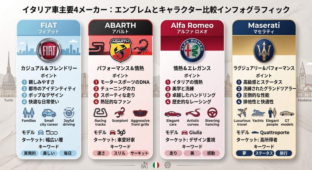 イタリア車主要4メーカー（フィアット、アバルト、アルファロメオ、マセラティ）のエンブレム、キャラクター、代表車種、ターゲット層を比較したインフォグラフィック