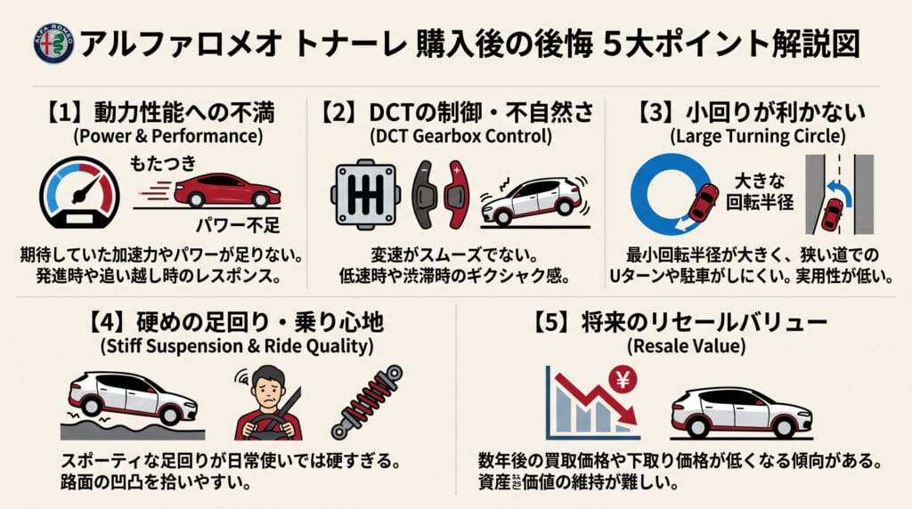 アルファロメオ トナーレの購入後に後悔しやすい5大ポイント（動力性能・DCT制御・小回り・足回り・リセール）の解説図