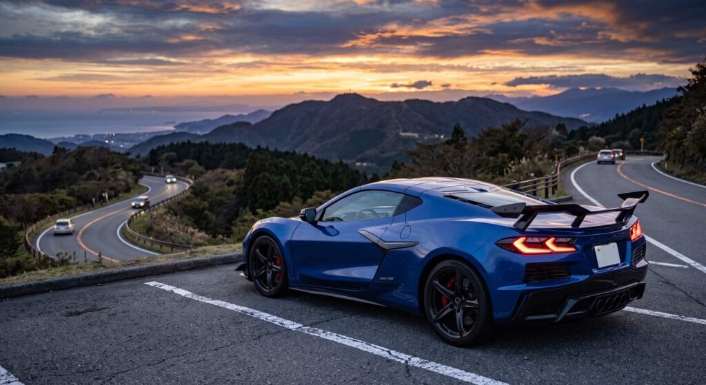 夕暮れのワインディングロードに佇む青色のシボレー・コルベット Z06(C8型)のリヤクォータービュー