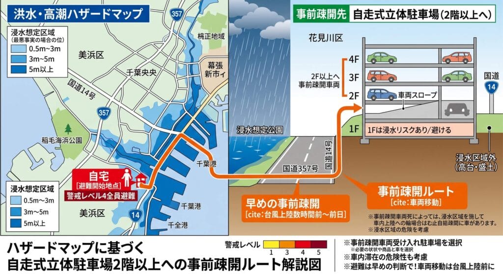 洪水・高潮ハザードマップの浸水想定区域から安全な自走式立体駐車場の2階以上へ車を事前疎開させるルートと避難手順を示した解説図