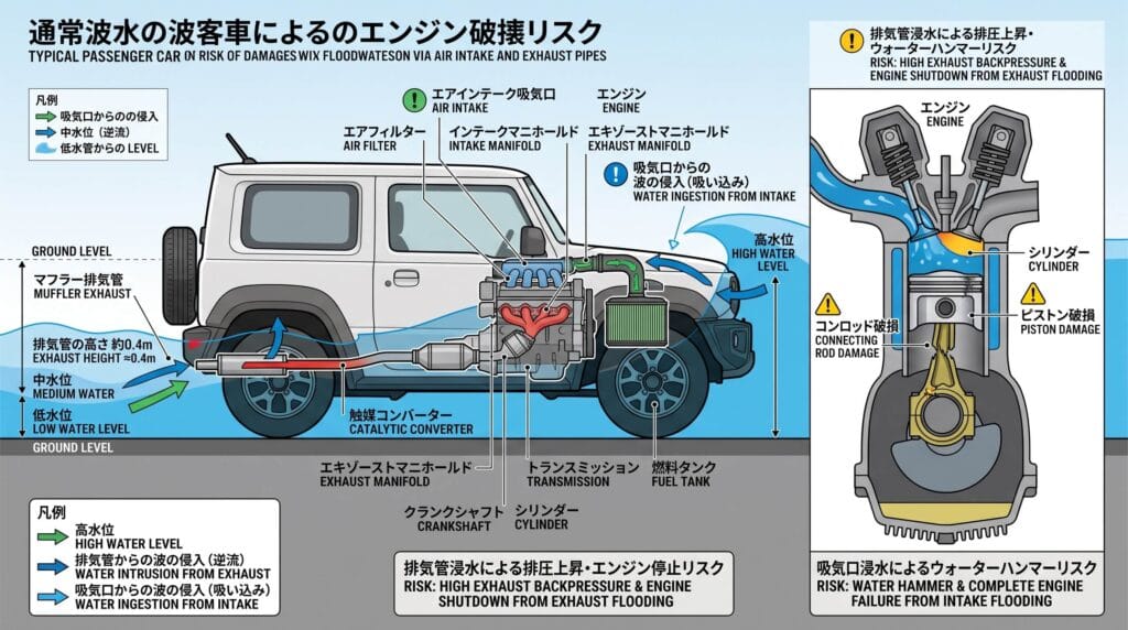 冠水時のエアインテーク吸気口とマフラー排気管の高さ、シリンダー内への浸水によるウォーターハンマー現象とエンジン破損リスクを示す断面解説図
