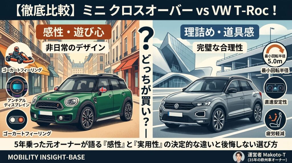 ミニ クロスオーバーとVW T-Rocの徹底比較インフォグラフィック図解（感性・遊び心のMINIと理詰め・合理性のT-Roc、ゴーカートフィーリングや最小回転半径5.0m、直進安定性・疲労軽減の違い）