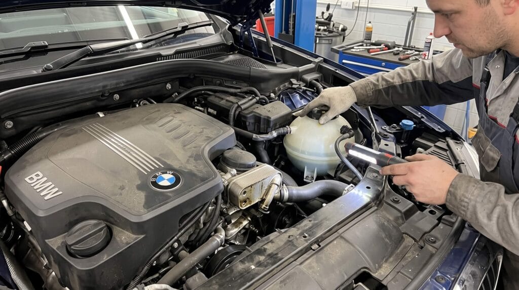 整備工場でBMWのエンジンルームを開け、冷却水リザーバータンクやオイル周辺をライトで点検するメカニック