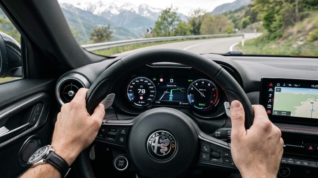 アルファロメオ トナーレの運転席カンノッキアーロメーターとアルファ特有のクイックなステアリングコラム