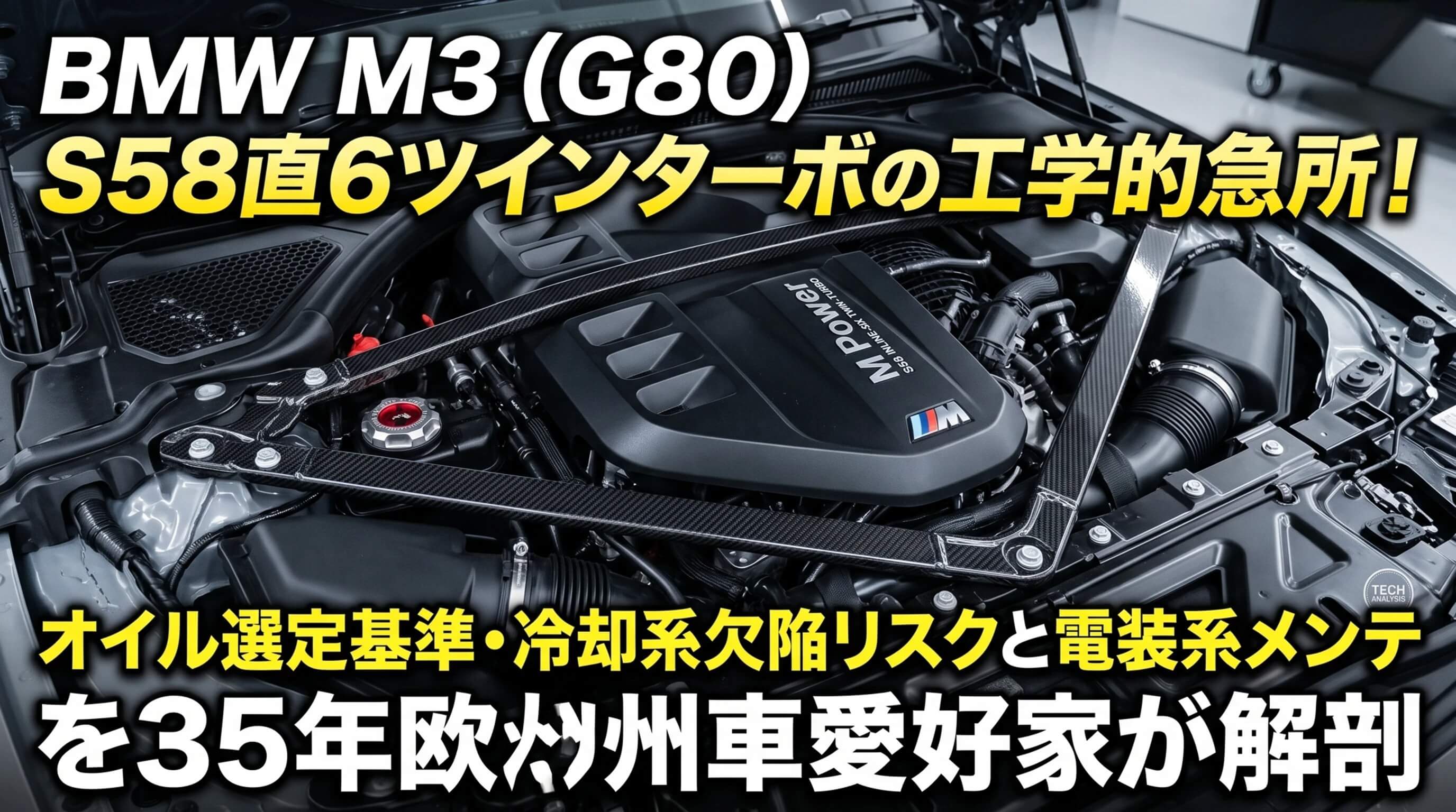 BMW M3 G80のエンジンルームに収まるカーボンブレースとS58型直列6気筒ツインターボエンジン