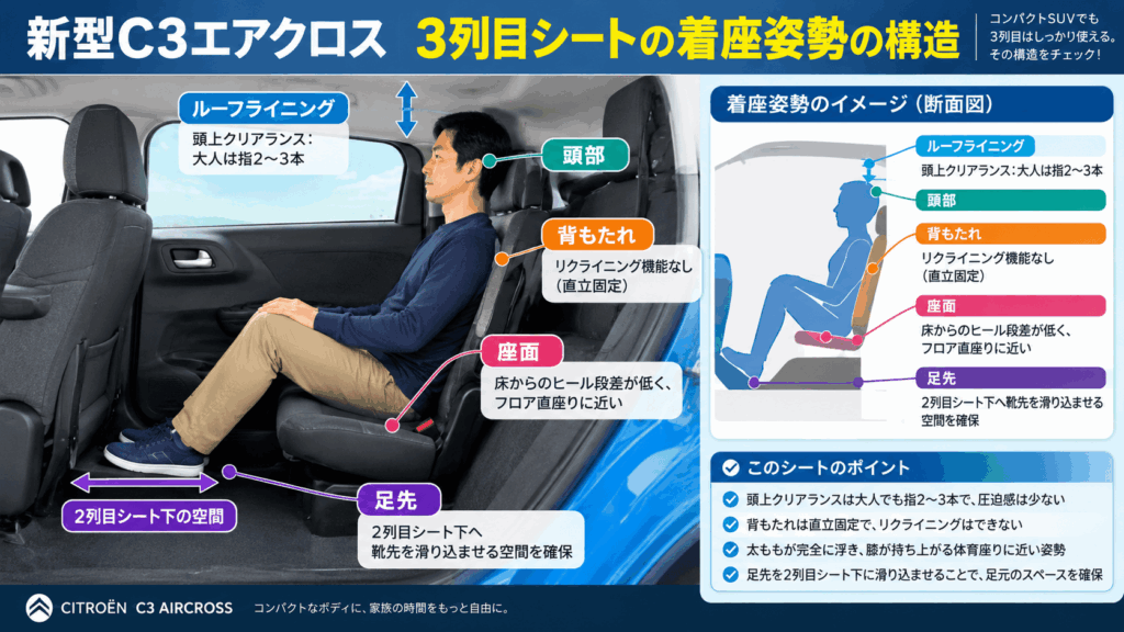 新型シトロエンC3エアクロスの3列目シートの着座姿勢を解説。頭上クリアランス、直立した背もたれ、低い座面、2列目シート下に足先を入れる構造を図解