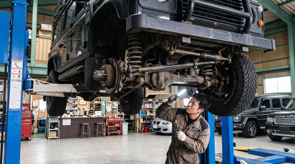 輸入車専門工場のリフトで下回りを点検されるディフェンダー110の前後リジッドアクスルとステアリングリンク