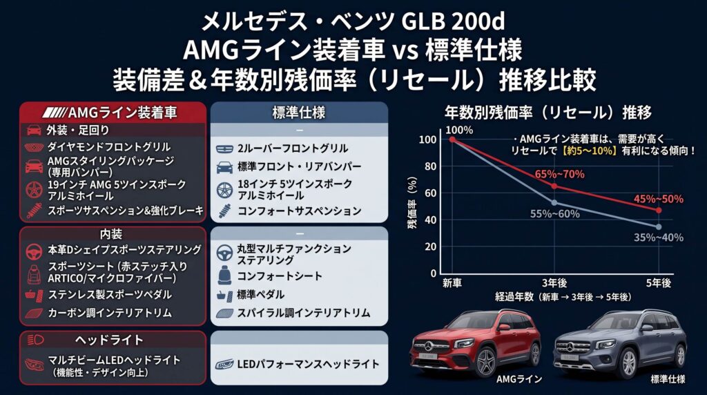 メルセデス・ベンツGLB 200dのAMGライン装着車と標準仕様の装備差、年数別残価率推移インフォグラフィック