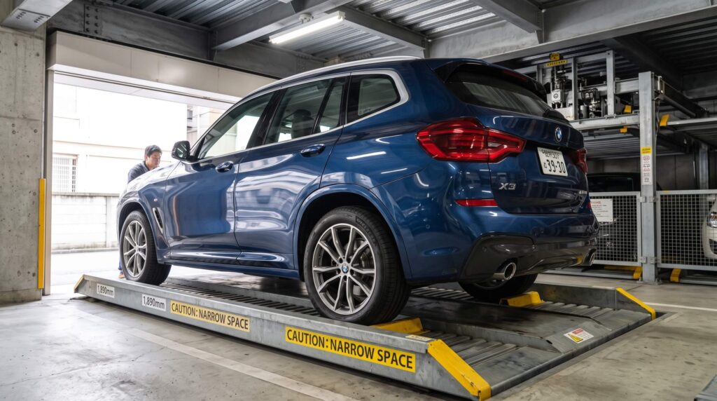 狭い立体駐車場のパレットに駐車する全幅1,890mmのBMW X3と車幅感覚の解説写真