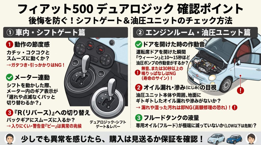 フィアット500のデュアロジックシフトゲートと油圧ユニットの確認ポイント