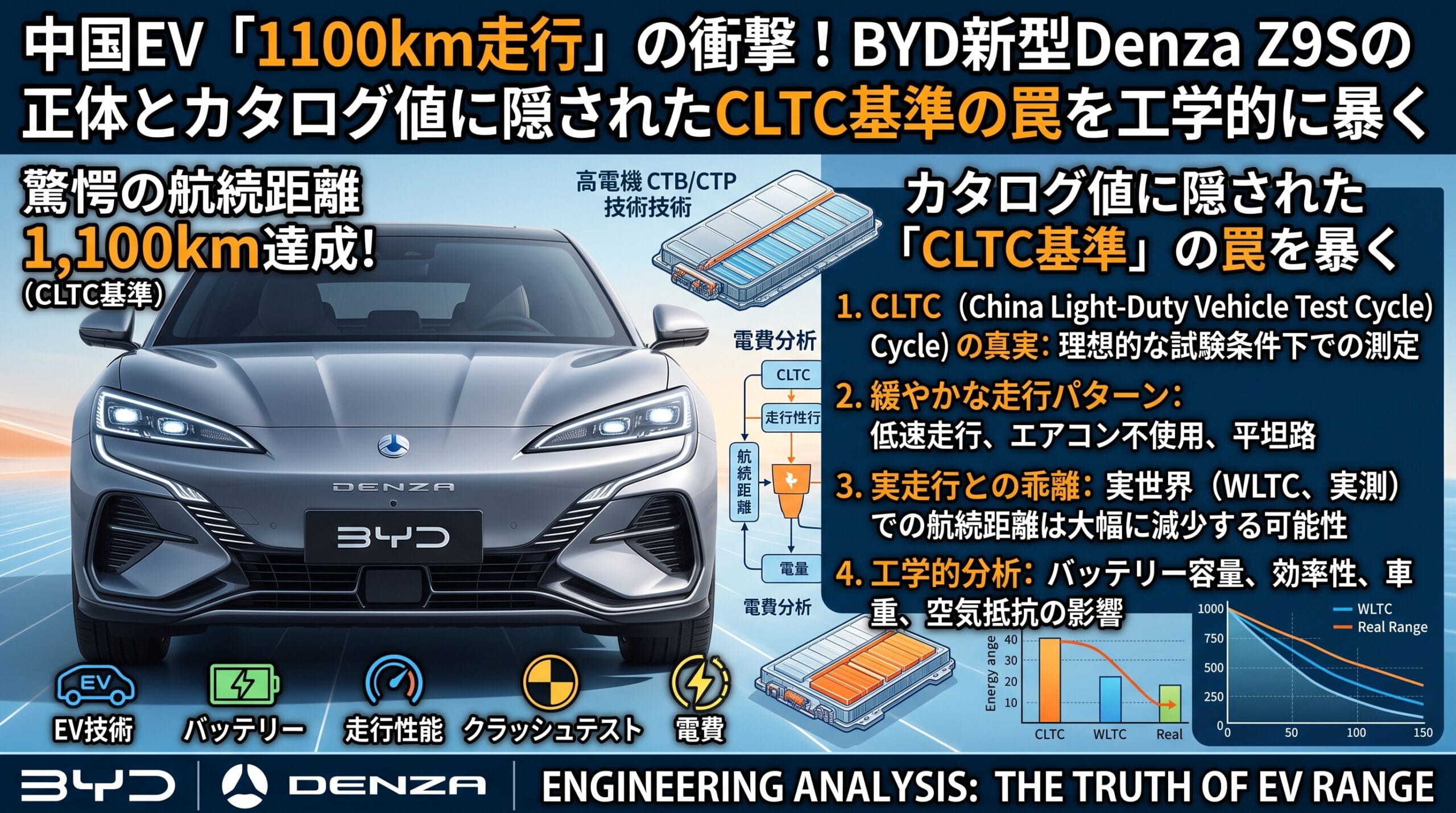 BYDの新型EV「Denza Z9S」のフロントビューと、カタログ航続距離1,100km（CLTC基準）の測定条件や工学的検証を図解した解説画像