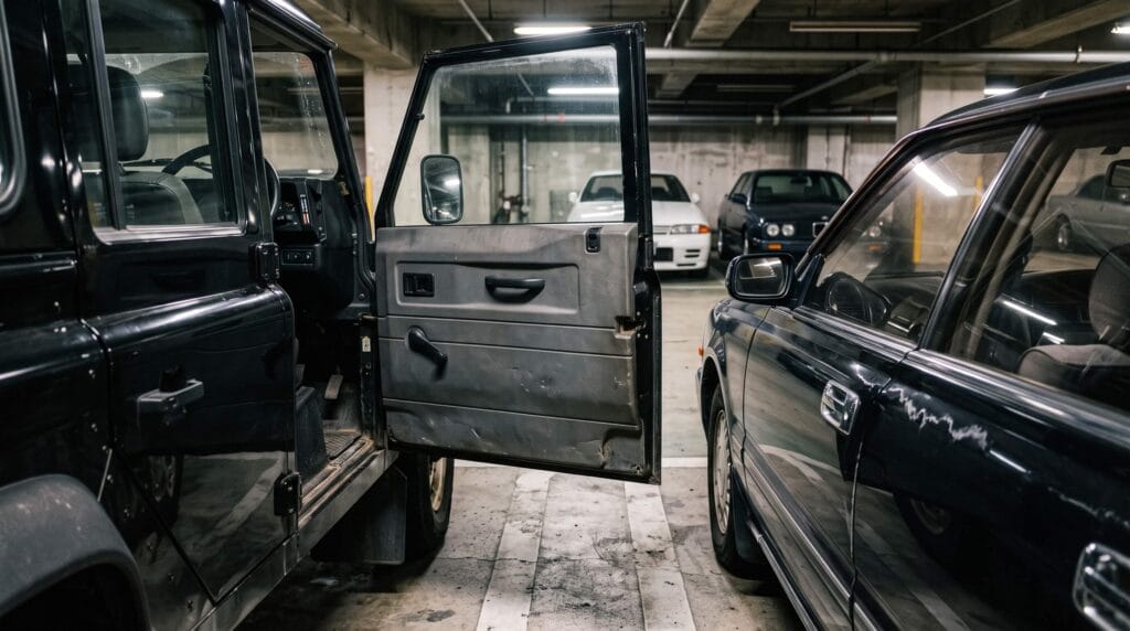 狭い駐車枠で開いた旧型ディフェンダー110の外ヒンジ式スチールドアと隣の車両とのクリアランス