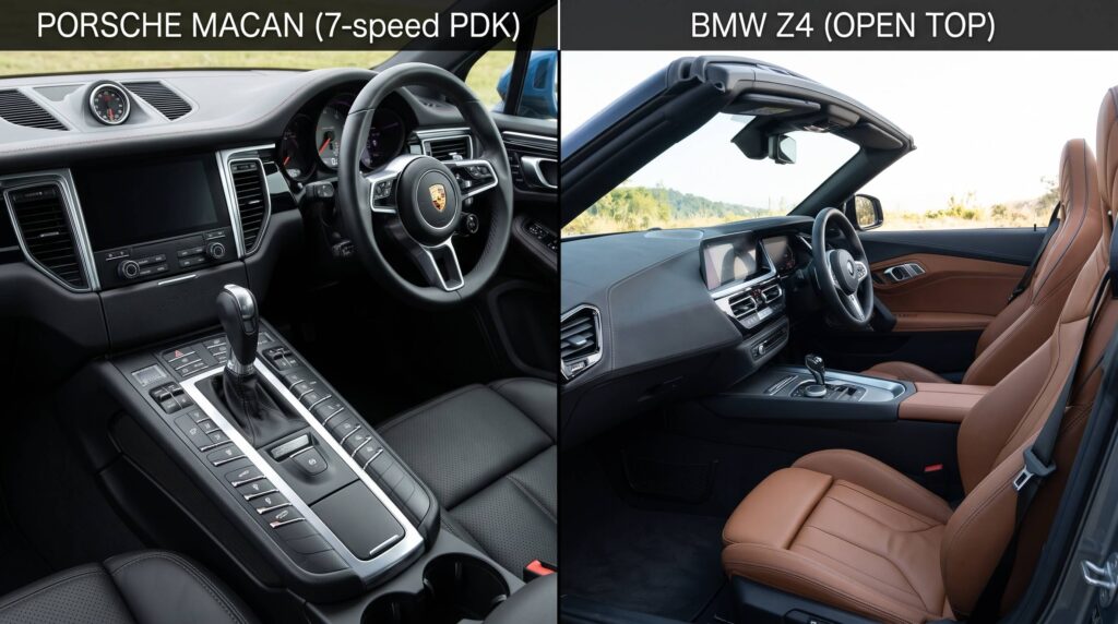 ポルシェ・マカンのコックピットと7速PDKシフトノブ、BMW Z4の電動ソフトトップ開放時の運転席比較
