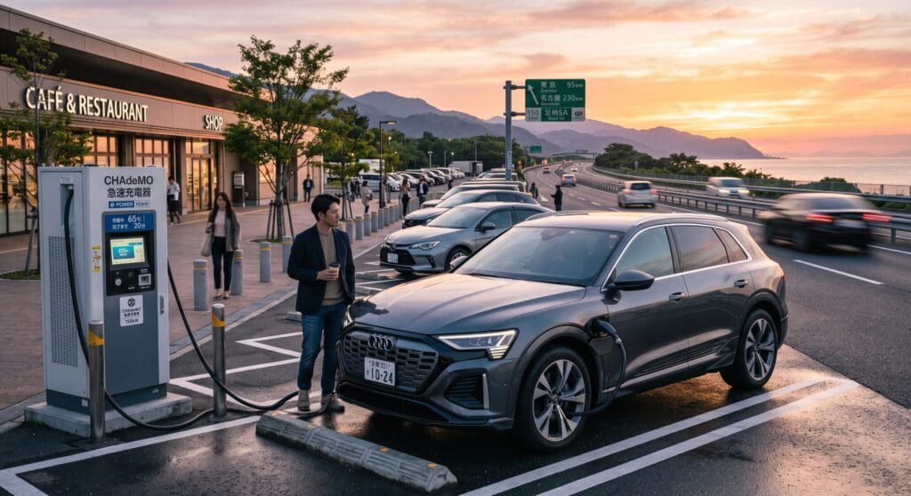 夕暮れの高速道路サービスエリアで、CHAdeMO急速充電器に接続して充電中のアウディ大型電動SUVと待機するドライバー