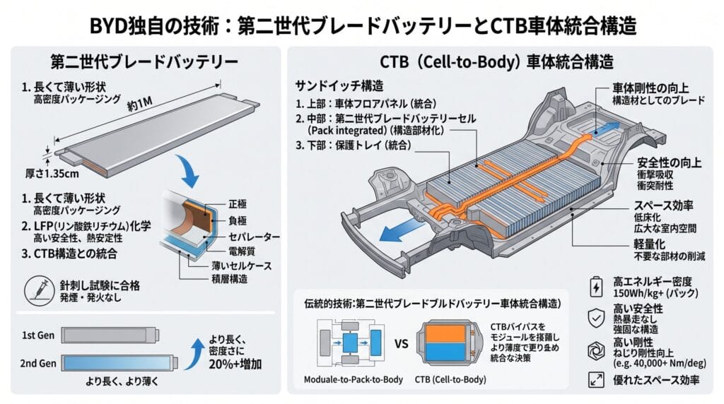 BYDの第2世代ブレードバッテリーとCTB（Cell-to-Body）車体統合構造のサンドイッチ構造や工学的メリットを解説した技術模式図