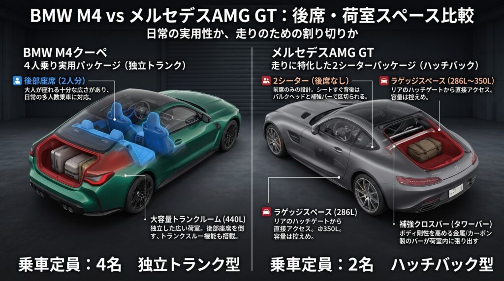 BMW M4クーペの後席シート・440L独立トランクとメルセデスAMG GTの2シーター・ハッチバック荷室スペースの比較インフォグラフィック図