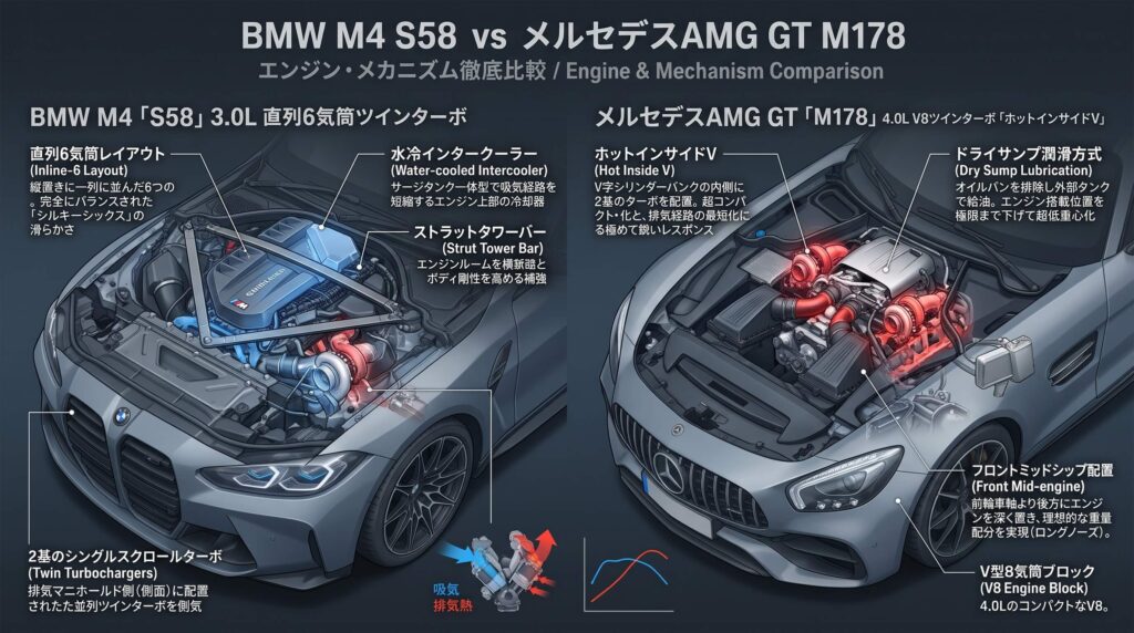 BMW M4(S58型直6ツインターボ)とメルセデスAMG GT(M178型V8ホットインサイドV)のエンジン構造およびメカニズム比較インフォグラフィック図