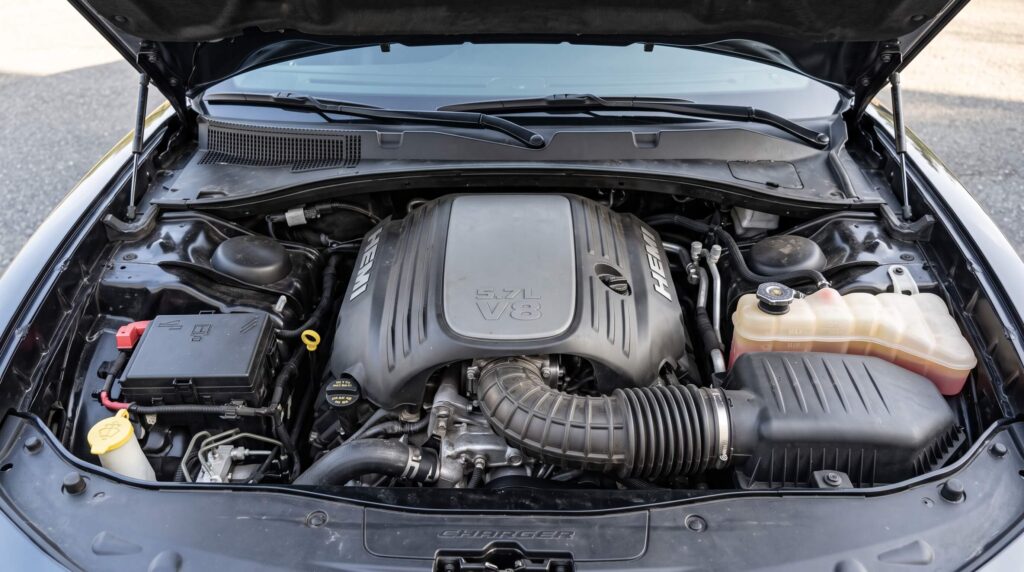 ダッジ・チャージャーの5.7L HEMI V8エンジンルームとオイルフィラーキャップ、冷却水リザーバータンク