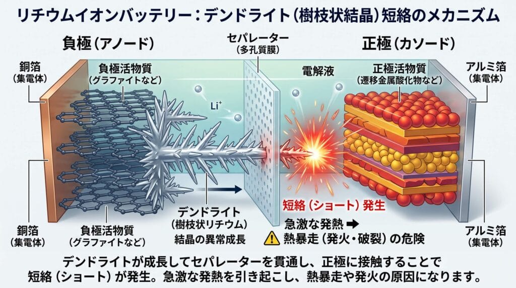 リチウムイオンバッテリーセル内部の正極・負極・セパレーターとデンドライト短絡の模式図
