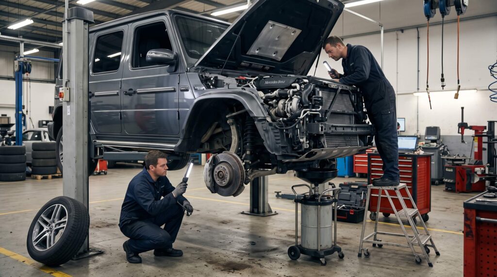 メルセデス・ベンツ G400dの直列6気筒OM656ディーゼルエンジンルームと大容量オイルパン・専用ブレーキ点検風景