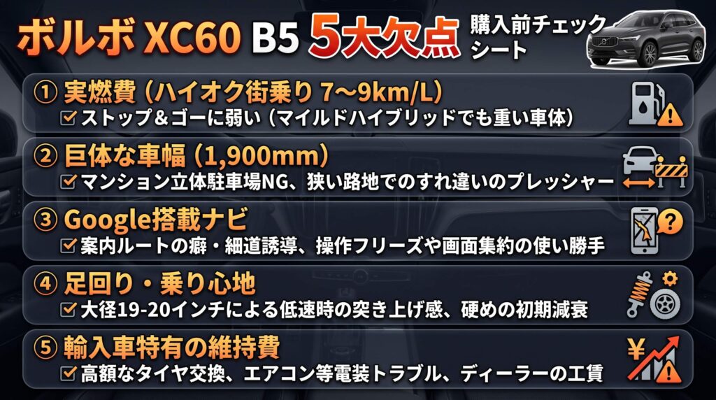 ボルボXC60マイルドハイブリッドの購入前に知るべき5大欠点(実燃費・車幅・Googleナビ・足回り・維持費)の解説チャート